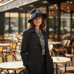 Women's Hats Designer Frank Olive Black Wool /Black White Bow Detail Hat